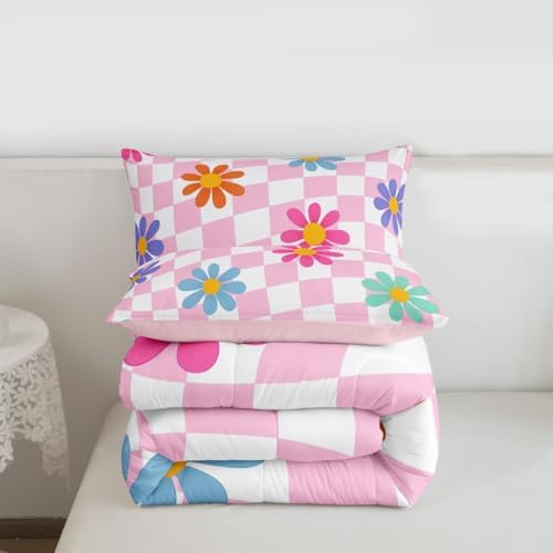 jejeloiu Cute Floral Comforter Set Toddler Size Pink White Checkerboard Bedding Set for Kids Boys Girls Colorful Daisy Duvet Quilt Plaid Grid Bedroom Decor Microfiber 2 Pcs with 1 Pillow Cases