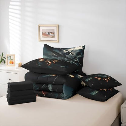 Erosebridal 7 Pcs Vintage Fighter Airplane Boys Bedding Set Queen Military Aircraft Comforter Set with Sheets for Kids Teens Men Realistic 3D Print Cloud Flame Aviation Bed in A Bag Plane Bed Sets