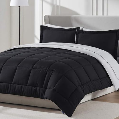 Nestl 9 Piece Queen Comforter Set – Black Reversible Bed in a Bag – Complete Queen Size Bedding Set with Sheets, Set of 2 Cooling Pillows, Pillowcases and Shams