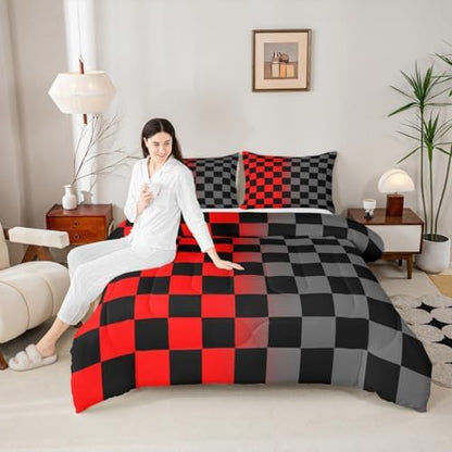 Feelyou Checkered Retro Kids Comforter Set Toddler Size Geometric Vintage Bedding Set Red Grey Duvet Quilt for Kids Boys Girls Bedroom Modern Groovy Aesthetic Decor