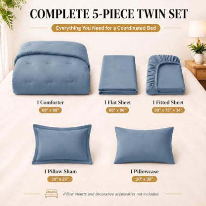 CozyLux Twin Comforter Grayish Blue, 5 Pieces Bed in a Bag