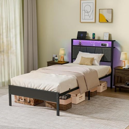 Z-hom Upholstered Full Size Bed Frame,LED Lights Headboard Footboard