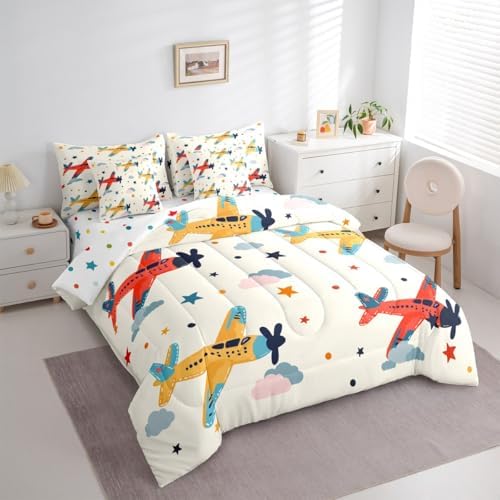 Erosebridal Aircraft Kids King Comforter Set with Sheets 7 piece Cartoon Airplane Clouds Bed in A Bag Flying Plane Stars Print Bedding Sets for Boys Girls Airplane Enthusiasts,Aviation Theme Bed Set