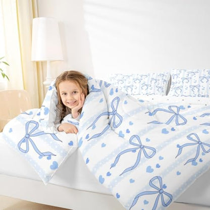 Castle Fairy Blue Bowknot Bedding Set King Size,Cute Heart Print Blue Ribbon Comforter Set for Adult Women Bedroom,Dreamy Princess Bowknot Ultra Soft Bedding Set with 2 Pillowcases,3Pcs