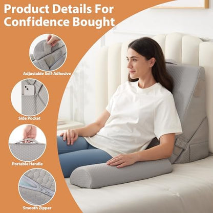 BIEEZZK 3PCS Wedge Pillow Set, Adjustable Wedge Pillow Headboard, Bed Wedge Pillows for Back Pain Relief, Sleeping, Post Surgery, Back Support Pillow for Bed Sitting Up, Snoring, GERD, Grey
