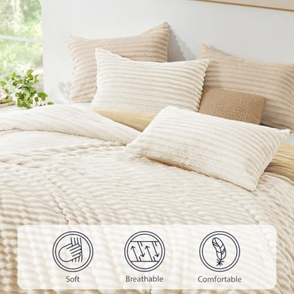 EXQ Home Fluffy Comforter Set Queen Size,3 Pieces Bed Set,Beige&Khaki