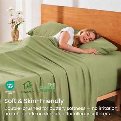 GOKOTTA 3 Piece Twin XL Sheet Set - Soft, Breathable & Cozy - Olive Green