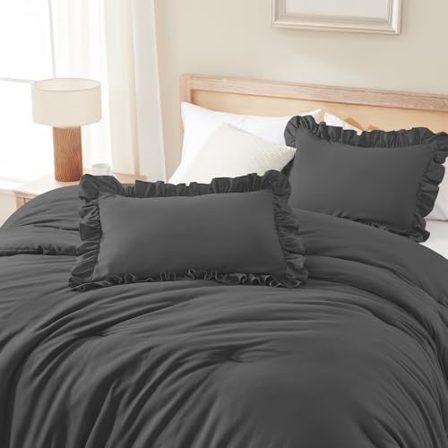Andency Oversized King Ruffle Comforter Set, 3 Pcs Dark Gray Fluffy Bedding