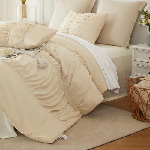Cupocupa Ruched Ruffle Comforter Set Full - 3 Piece Wheat Checkered Bedding Set - Aesthetic Cottagecore Ruffled Farmhouse Comforter with 2 Pillow Shams - Soft, Lightweight All Season Bedding