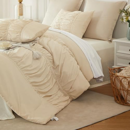 Ruched Ruffle Comforter Set Queen - 3 Piece Wheat Checkered Bedding Set - Aesthetic Cottagecore Ruffled Farmhouse Comforter with 2 Pillow Shams - Soft, Lightweight All Season Bedding (90"x90")