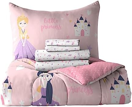 Dream Factory Kids 5-Piece Complete Bed Set Easy-Wash Super Soft Microfiber Comforter Bedding, Twin, Pink Little Princess