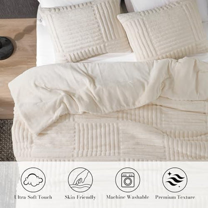 Plush Fleece Comforter Set Queen, Stripe Jacquard Textured，Cream White