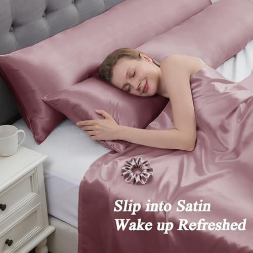 Vielit Satin Body Pillow Pillowcase 1pc,Silky Body Pillow Cover Similar to Silk Pillow Cases Soft Body Pillow Case 20x54 & Envelope Closure,Gift for Women Men Dusty Rose & 1 Satin Scunchie