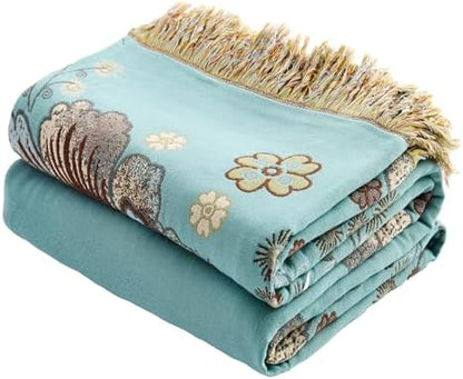 VANJOROY Boho Throw Blanket 80" x 90", 100% Organic Cotton Breathable Skin-Friendly Ultra Soft Bed Quilt Blue Throw - Floral Rustic Decor Luxury Reversible Blanket for Sofa Couch Chair and Gift,
