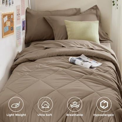 HEVUMYI 5-Piece Twin Comforter Set, Khaki Bed in a Bag
