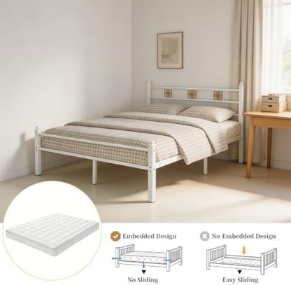 Full Size Bed Frame with Headboard Footboard, Vintage Metal Platform Beds