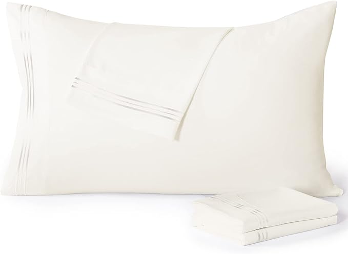 YIYEA Pillow Cases Standard Size Set of 4, Ultra Soft 1800TC Hotel Quality Double Brushed Microfiber Embroidered Pillowcases, Envelope Closure, Fade Resistant (20"x26", Ivory)