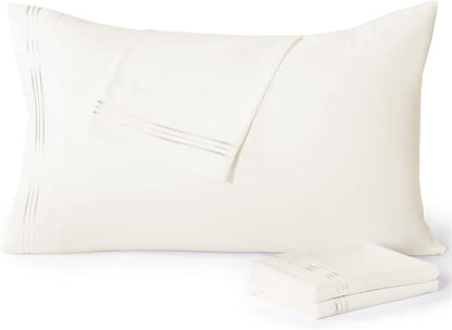 YIYEA Pillow Cases Standard Size Set of 4, Ultra Soft 1800TC Hotel Quality Double Brushed Microfiber Embroidered Pillowcases, Envelope Closure, Fade Resistant (20"x26", Ivory)