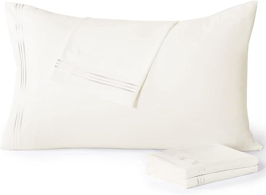 YIYEA Pillow Cases Standard Size Set of 4, Ultra Soft 1800TC Hotel Quality Double Brushed Microfiber Embroidered Pillowcases, Envelope Closure, Fade Resistant (20"x26", Ivory)