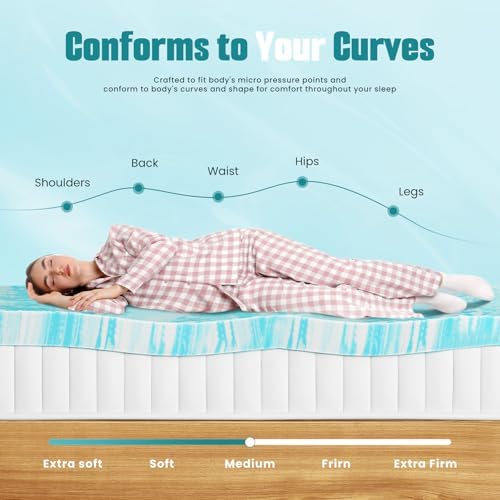 DUMOS CertiPUR-US Certified, Cooling Gel Infused, Breathable Soft Comfy Padding, Thick Memory Foam Bed Topper Pad, Mattress Toppers for Sleeper Sofa Couch RV Camper, Blue, 2 Inch, Queen Size