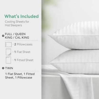 Cooling Sheets Set Full Size, Viscose Derived from Bamboo for Hot Sleepers, Double Stitching, Deep Pocket to 16 Inch, Silky Soft and Breathable Bedding, 4PC (Full, Jacquard White)