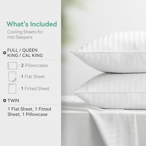 Cooling Sheets Set Queen Size, Viscose Derived from Bamboo for Hot Sleepers, Double Stitching, Deep Pocket to 16 Inch, Silky Soft and Breathable Bedding, 4PC (Queen, Jacquard White)