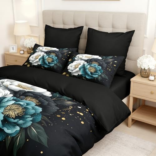CCoutueChen Kids Twin Size Vintage Floral Comforter Set, 2 Pcs Teal and White Botanical Flowers Soft Bedding, Warm Microfiber Luxury Gold Accent Bed Set with 1 Pillowcase, 68"x86"