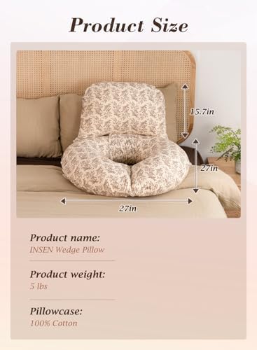 INSEN Wedge Pillow Set for Sleeping and After Surgery, Use for Acid Reflux, Reading and Relaxing, Headboard Pillow for Sitting in Bed, Brown Flower