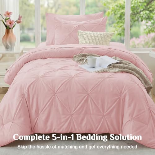 JOLLYVOGUE Twin Comforter Set 5 Pieces - Bed in a Bag Twin for All Season, Pintuck Bedding Comforter Sets with Comforter, Flat Sheet, Fitted Sheet and Pillowcases & Shams, Rose Gold