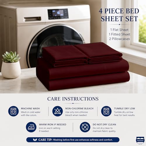 Cottingon 4 Piece Full Sheets Fits 16" Deep, Egyptian Cotton, Burgundy