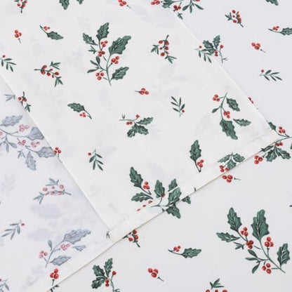 DAUAOTO Queen Size Cotton Sheets Set Printed Christmas Bedding, Up to 14" Deep Mattress, Bedlinen Sets Holly Berries Pattern