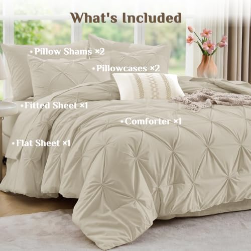 JOLLYVOGUE Full Size Comforter Sets 7 Pieces - Bed in a Bag Full for All Season, Pintuck Bedding Comforter Sets with Comforter, Flat Sheet, Fitted Sheet and Pillowcases & Shams, Linen