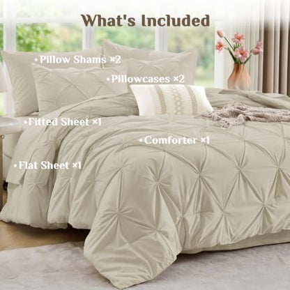 JOLLYVOGUE Full Size Comforter Sets 7 Pieces - Bed in a Bag Full for All Season, Pintuck Bedding Comforter Sets with Comforter, Flat Sheet, Fitted Sheet and Pillowcases & Shams, Linen