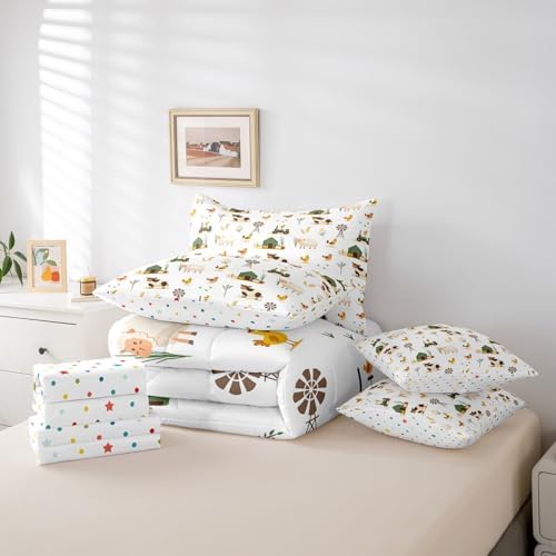 Erosebridal Farm Animal Twin Comforter Set 7 Piece for Kids Boys Girls Chickens Sheep Cow Bed in A Bag with Sheets Rustic Farmhouse Windmill Bedding Set Cartoon Tractor Barn Bed Set