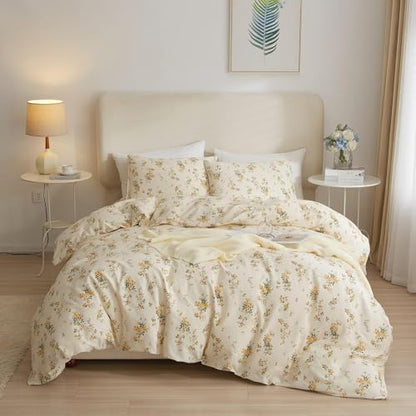 Yellow Floral Comforter Set Full Size Garden Style Flower Botanical Comforter Set Fluffy Soft Vintage Floral Bedding Set Full Chic Cottagecore Flowers Comforter with 2 Pillowcases for All Seasons