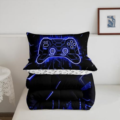 Feelyou Kids Blue Gamer Comforter Set Toddler Size, Honeycomb Gaming Comforter Boys Girls Modern Game Console Bedding Set Game Teens Duvet Set Bedroom Decor with 1 Pillow Case