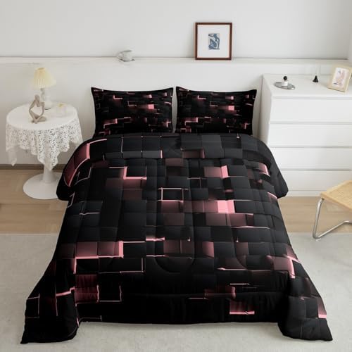 Erosebridal Pink and Black Comforter Set King Neon Geometric Checkered Bedding Set for Kids Girls Teen,Tereoscopic Grids Comforter Square Plaid Quilt Duvet Room Decor 3 Pcs