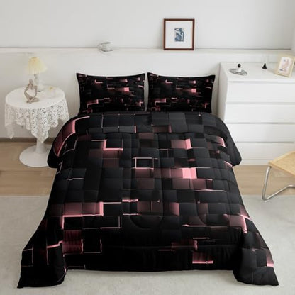 Erosebridal Pink and Black Comforter Set King Neon Geometric Checkered Bedding Set for Kids Girls Teen,Tereoscopic Grids Comforter Square Plaid Quilt Duvet Room Decor 3 Pcs