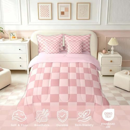 Feelyou Checkered Retro 7 Piece Bedding Set Teen Women Men Pink Gradient Plaid Comforter Set with Sheets Full Size Kids Boys Geometric Vintage Bed in a Bag Modern Simple Groovy Aesthetic Room Decor