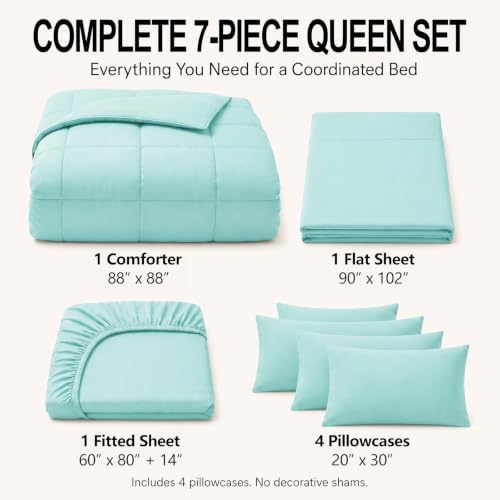 CozyLux Queen Comforter Set Spa Blue - 7 Pieces Bed in a Bag