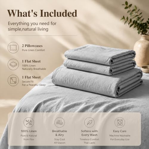 MEISHANG 100% French Linen Sheets King,4 Pcs,16" Deep Pocket