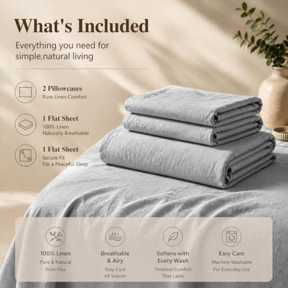 MEISHANG 100% French Linen Sheets King,4 Pcs,16" Deep Pocket