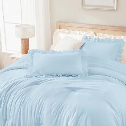 Andency Light Blue King Size Comforter Set, 3 Pcs Solid Farmhouse Bedding