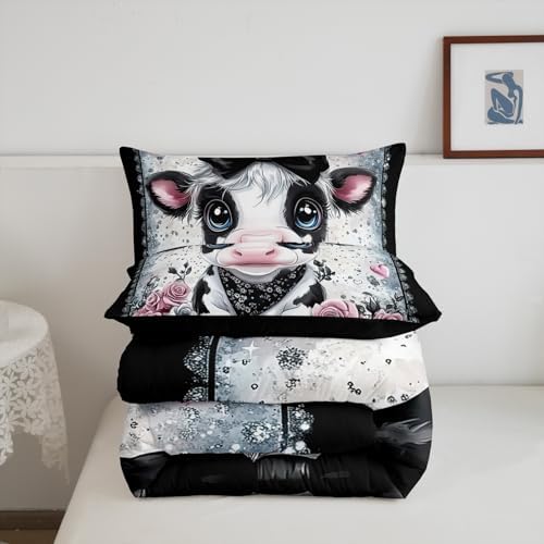 Feelyou Kids Cute Highland Cow Comforter Set Queen Size Highland Cattle Bowknot Bedding Set Boys Girls Flowers Floral Pattern Quilt Set Western Farmhouse Animal Bed Set