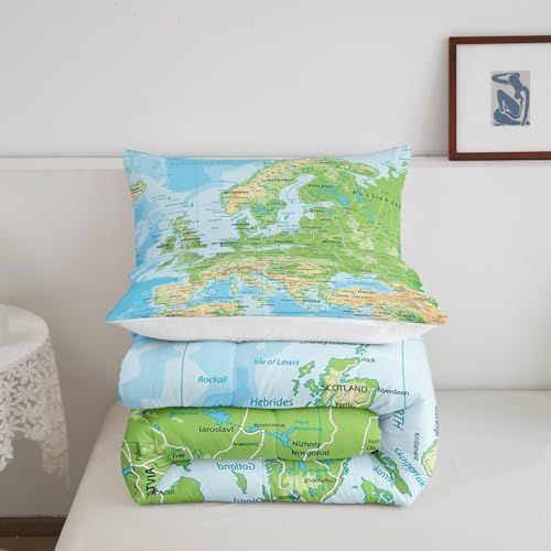 Erosebridal World Map Comforter Set King Size, Blue Ocean Bedding Set for Kids Boys Girls, Map of Various Countries Quilted Duvet Abstract Art Bedding Comforters Breathable Bedroom Decor