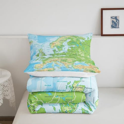 Erosebridal World Map Comforter Set King Size, Blue Ocean Bedding Set for Kids Boys Girls, Map of Various Countries Quilted Duvet Abstract Art Bedding Comforters Breathable Bedroom Decor