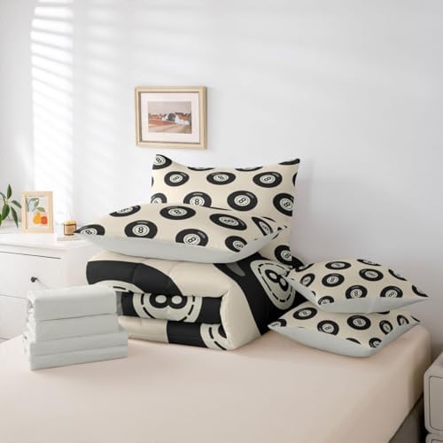 Fashion Lucky 8 Ball Comforter Set King Size 7 Piece Bedding Set For Girls Room Decor,Y2K Trendy Lucky 8 Ball Down Bed In A Bag For Kids Teen Adults,Funky Aesthetic Preppy Bed Set,Beige Black