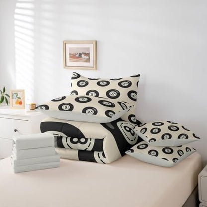 Fashion Lucky 8 Ball Comforter Set Twin Size 7 Piece Bedding Set For Girls Room Decor,Y2K Trendy Lucky 8 Ball Down Bed In A Bag For Kids Teen Adults,Funky Aesthetic Preppy Bed Set,Beige Black