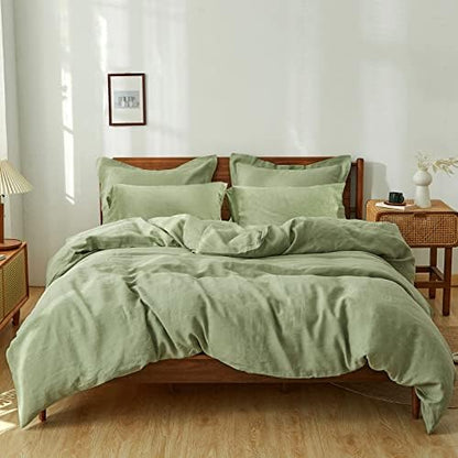Simple&Opulence 100% Washed Linen Duvet Cover Set 5pcs(1 Duvet Cover& 2 Shams& 2 Pillowcases) Basic Style Natural French Flax Soft Breathable Farmhouse Bedding (King, Sage Green)