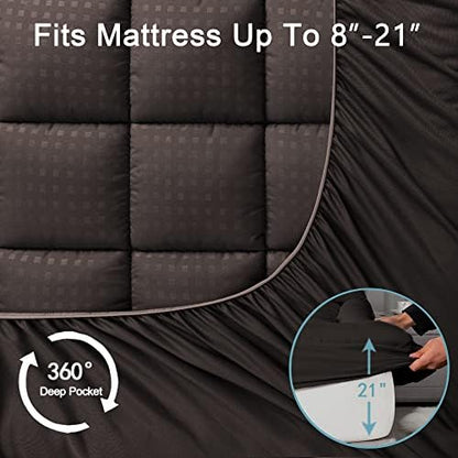 HYLEORY Full XL Mattress Pad Quilted Fitted Mattress Protector Cooling Pillow Top Mattress Cover Breathable Fluffy Soft Mattress Topper with 8-21" Deep Pocket, Brown